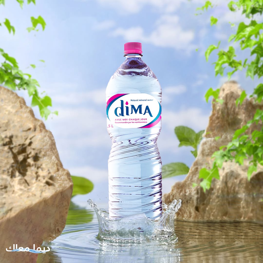 Bouteille DIMA 1,5L posée dans une source entourée de roches et de verdure