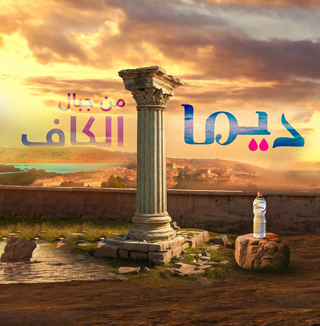 Colonne antique au coucher du soleil avec une bouteille DIMA à El Kef