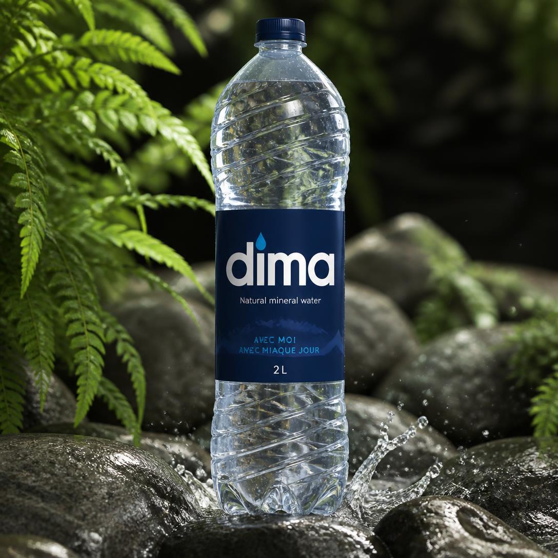 Bouteille DIMA 2L posée sur des roches humides entourées de verdure